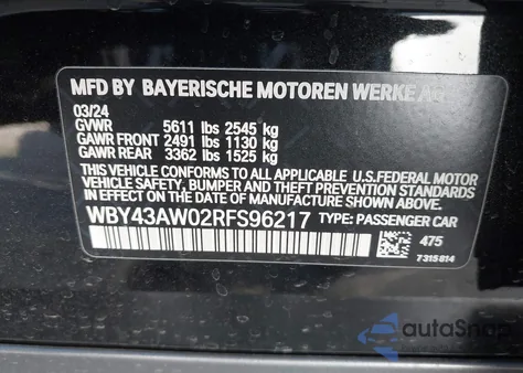 2024 BMW I4 Gran Coupe Edrive35 z USA, uszkodzony, nr VIN WBY43AW02RFS96217